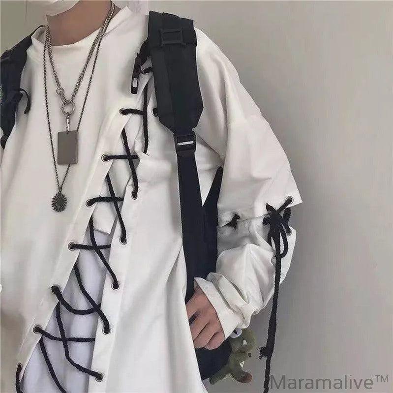 Idopy Japanese Fashion Men`s Street Style Lace Hoodie Punk Loose Fit Pullover Designer Colorful Hip Hop Sweatshirts