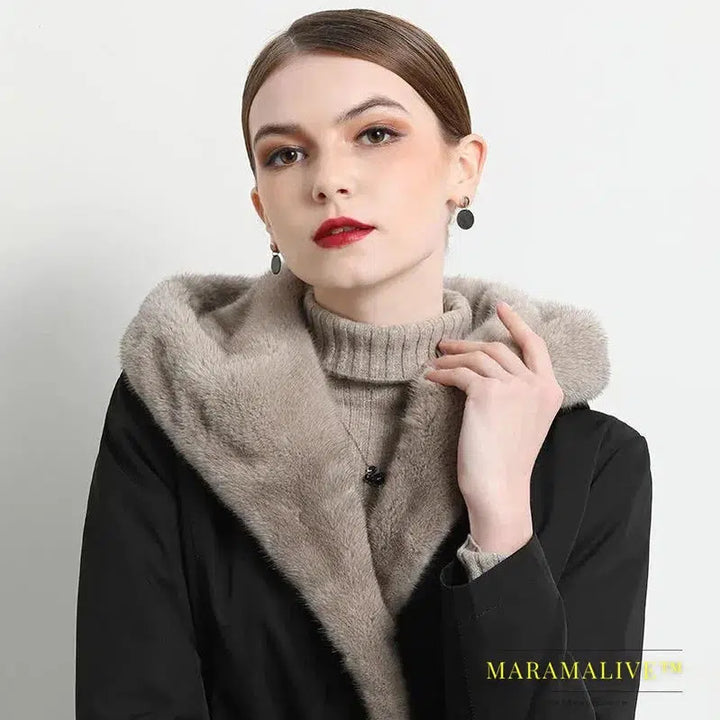 Imitation Mink Liner Midi Faux Fur Coat Winter Plus Velvet Warm Hooded Drawstring Slim Waist Women Parka Fur Jacket Overcoat