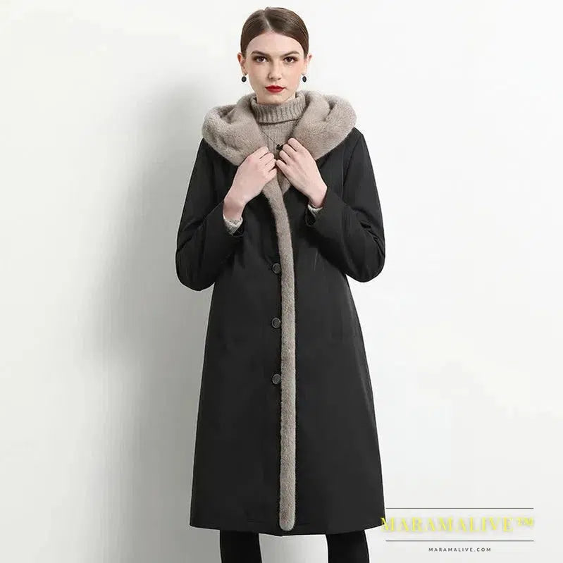 Imitation Mink Liner Midi Faux Fur Coat Winter Plus Velvet Warm Hooded Drawstring Slim Waist Women Parka Fur Jacket Overcoat