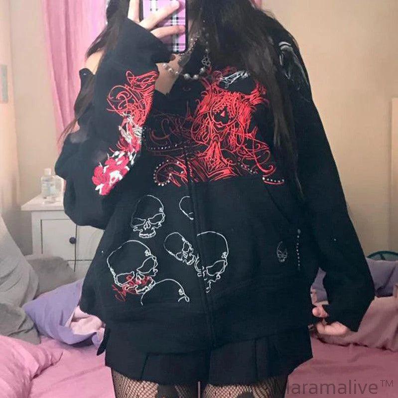 Indie Grunge Graphic Print Zip Up Hoodie Y2K Vintage Clothes Grunge Baggy Sweatshirt Goth Mall Emo Jacket