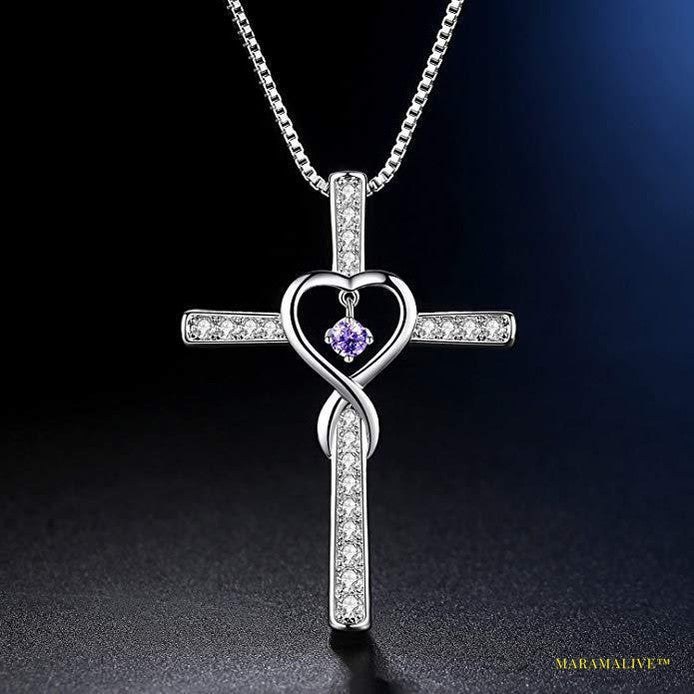 Infinity Love God We Trust Christian Cross Birthstone Crystal Pendant Necklace Colour Gems Zircon Heart Necklace Women Jewelry