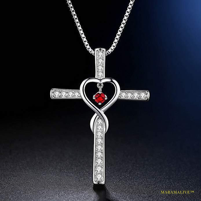 Infinity Love God We Trust Christian Cross Birthstone Crystal Pendant Necklace Colour Gems Zircon Heart Necklace Women Jewelry