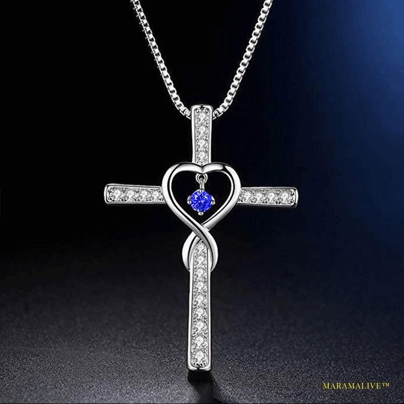 Infinity Love God We Trust Christian Cross Birthstone Crystal Pendant Necklace Colour Gems Zircon Heart Necklace Women Jewelry