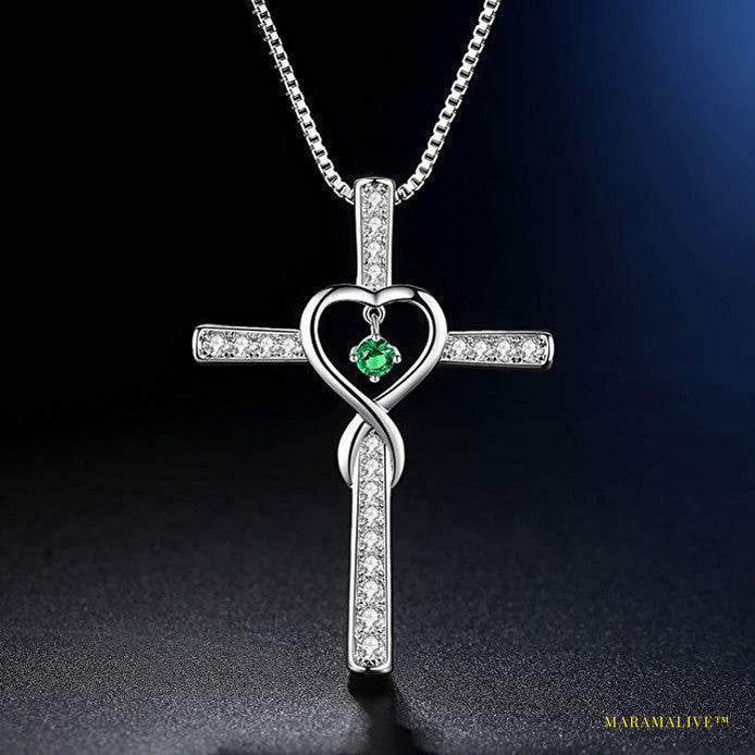 Infinity Love God We Trust Christian Cross Birthstone Crystal Pendant Necklace Colour Gems Zircon Heart Necklace Women Jewelry