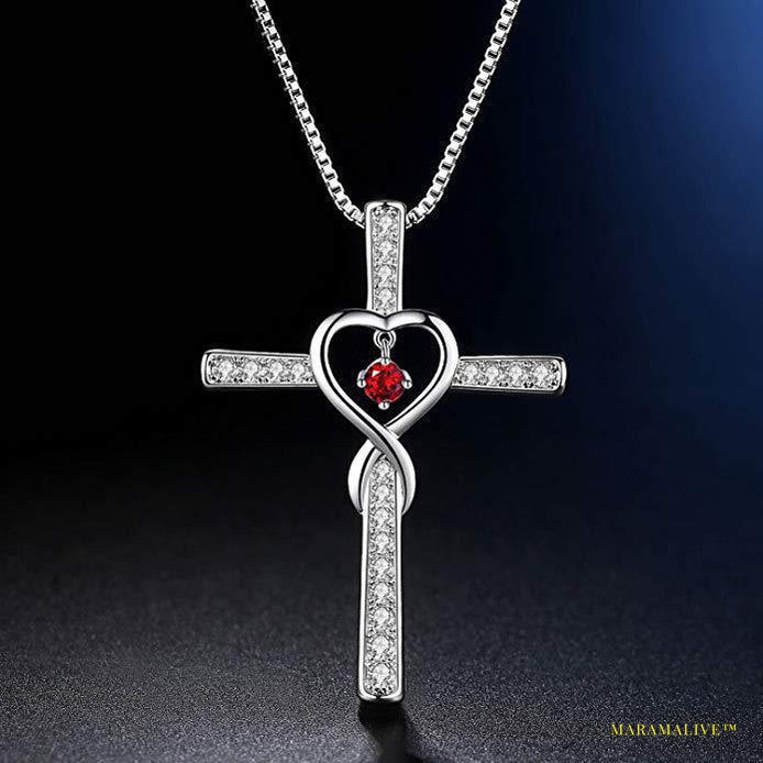 Infinity Love God We Trust Christian Cross Birthstone Crystal Pendant Necklace Colour Gems Zircon Heart Necklace Women Jewelry