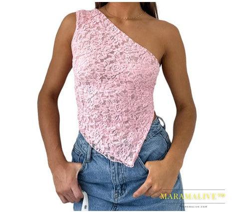 Ins Lace Backless Top Summer Solid Color Waistless Asymmetrical Sloped Neck Vest Streetwear Womens Clothes