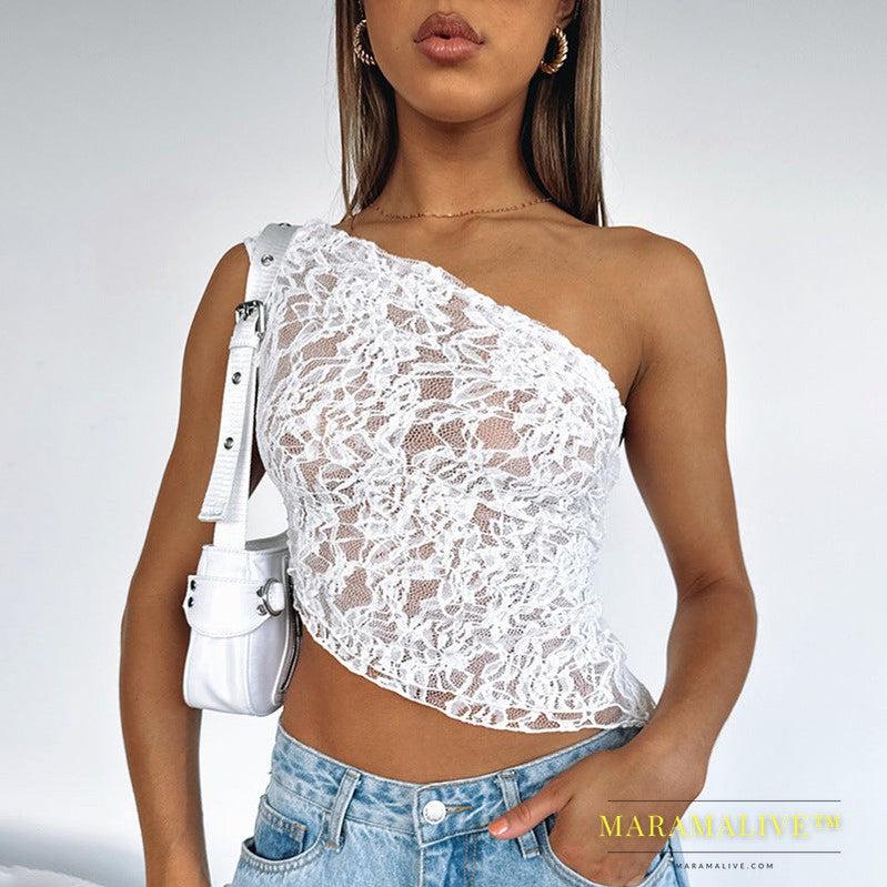 Ins Lace Backless Top Summer Solid Color Waistless Asymmetrical Sloped Neck Vest Streetwear Womens Clothes