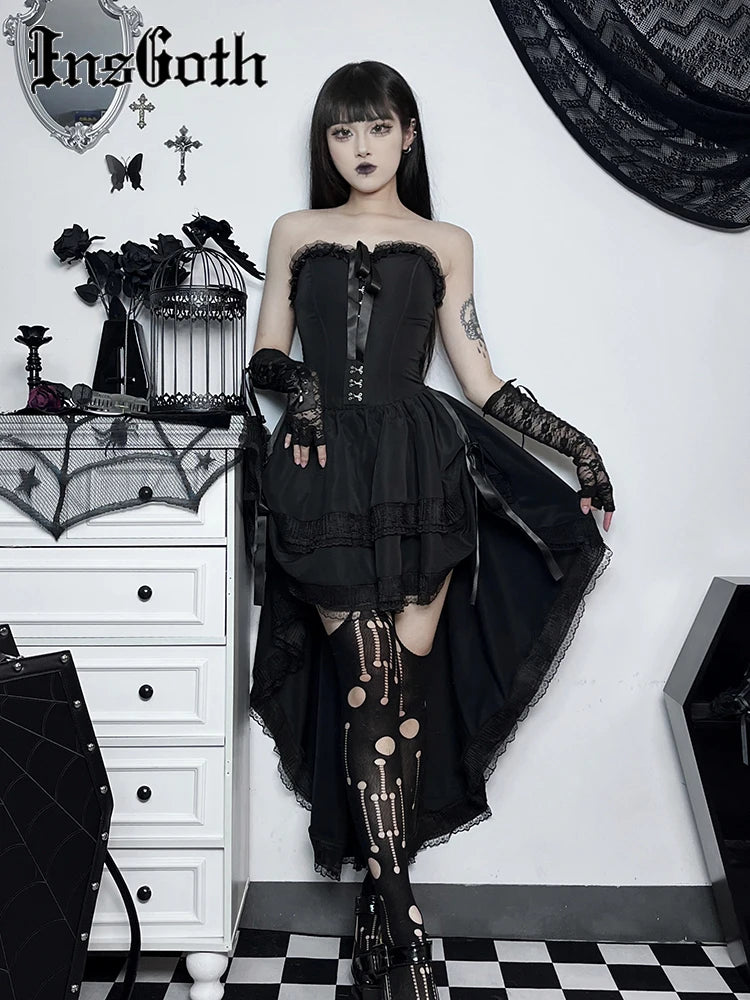 InsGoth Gothic Hi Low Corset Swing Dress Women Mall Goth Lace Trim Sleeveless Bodycon Tube Dress Formal Strapless Evening Dress