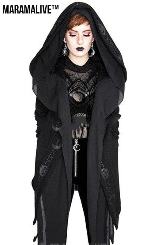 Irregular Black Punk Hooded Jacket Long Patchwork Printed Sweater