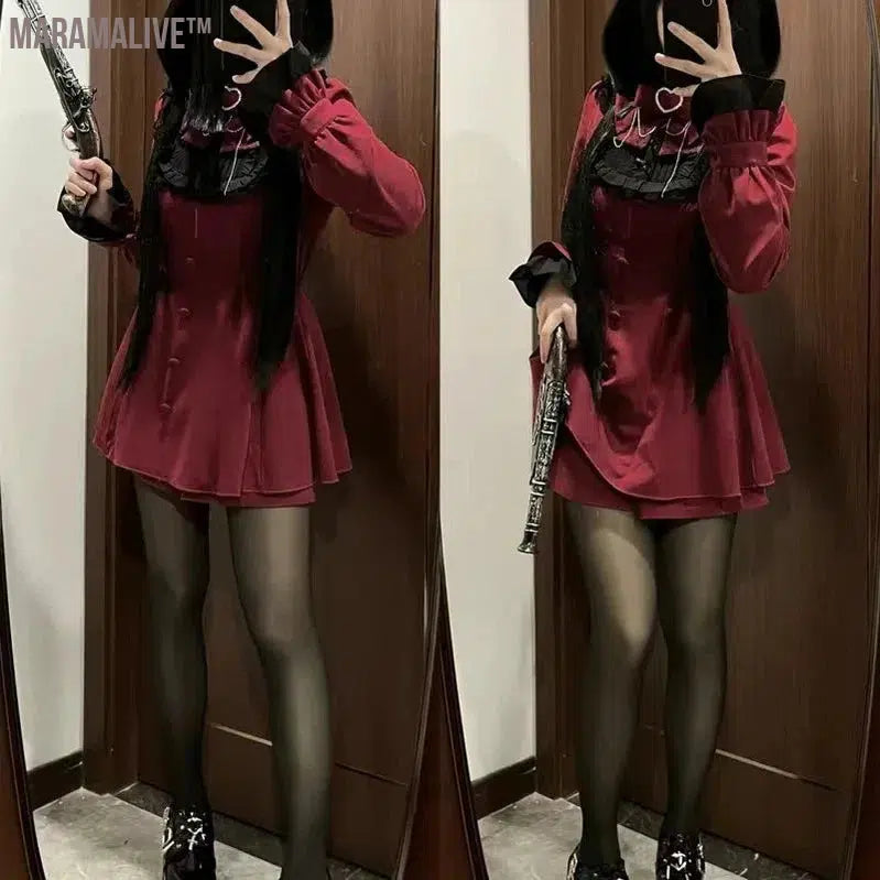 Japanese Gothic Lolita Dress Women Harajuku Y2k Bow Lace Ruffles Collar Long Sleeve Mini Dresses Female Elegant Party Cute Dress