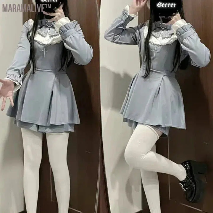 Japanese Gothic Lolita Dress Women Harajuku Y2k Bow Lace Ruffles Collar Long Sleeve Mini Dresses Female Elegant Party Cute Dress