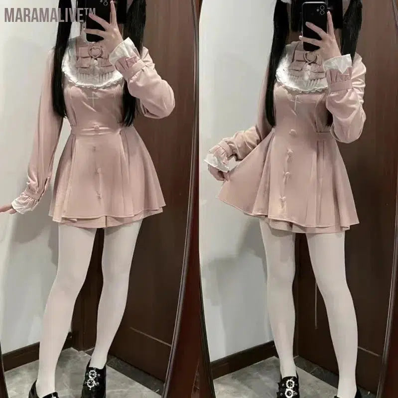 Japanese Gothic Lolita Dress Women Harajuku Y2k Bow Lace Ruffles Collar Long Sleeve Mini Dresses Female Elegant Party Cute Dress