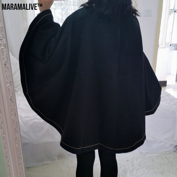 Japanese Style Soft And Hard Girl Cool Cos Role Lapel Dark Night Gothic Handsome Embroidered Swallowtail Woolen Cape Coat Coat