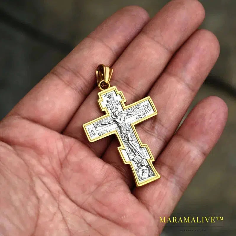 Jesus Cross Men's Stainless Steel Crucifix Eastern Orthodox Pendant Chain Necklace Jewelry