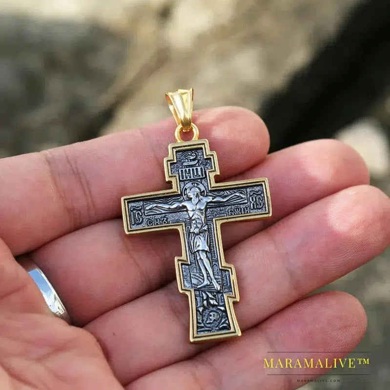 Jesus Cross Men's Stainless Steel Crucifix Eastern Orthodox Pendant Chain Necklace Jewelry