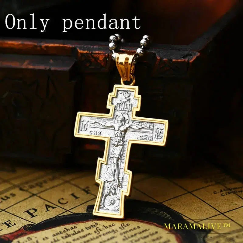 Jesus Cross Men's Stainless Steel Crucifix Eastern Orthodox Pendant Chain Necklace Jewelry