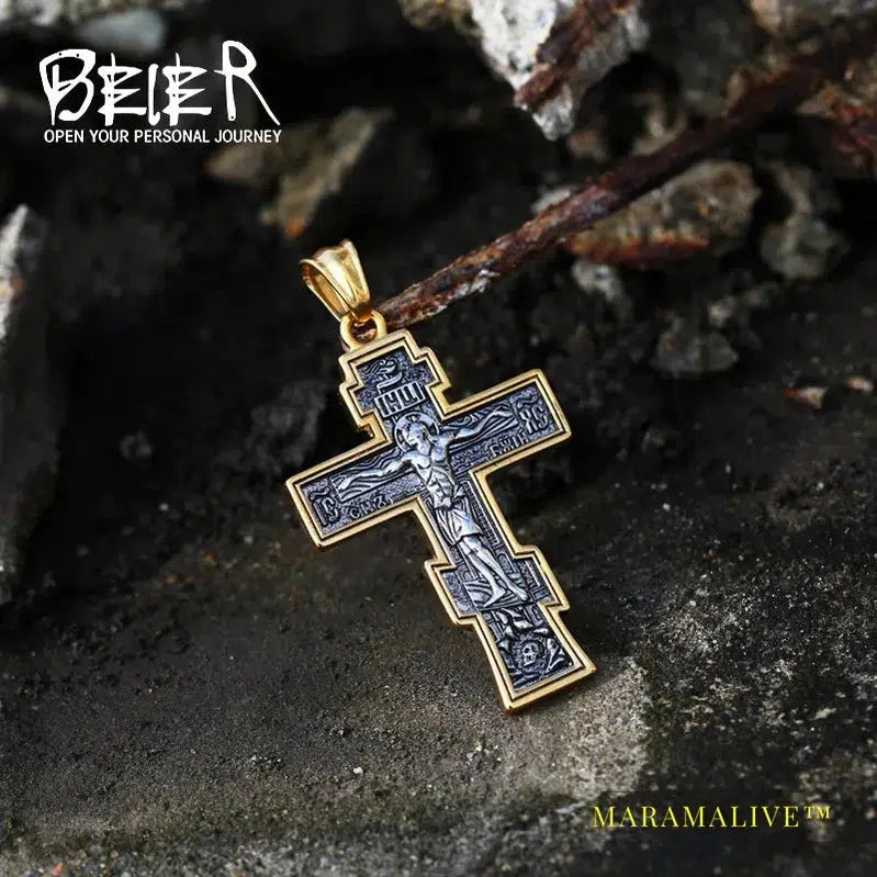 Jesus Cross Men's Stainless Steel Crucifix Eastern Orthodox Pendant Chain Necklace Jewelry