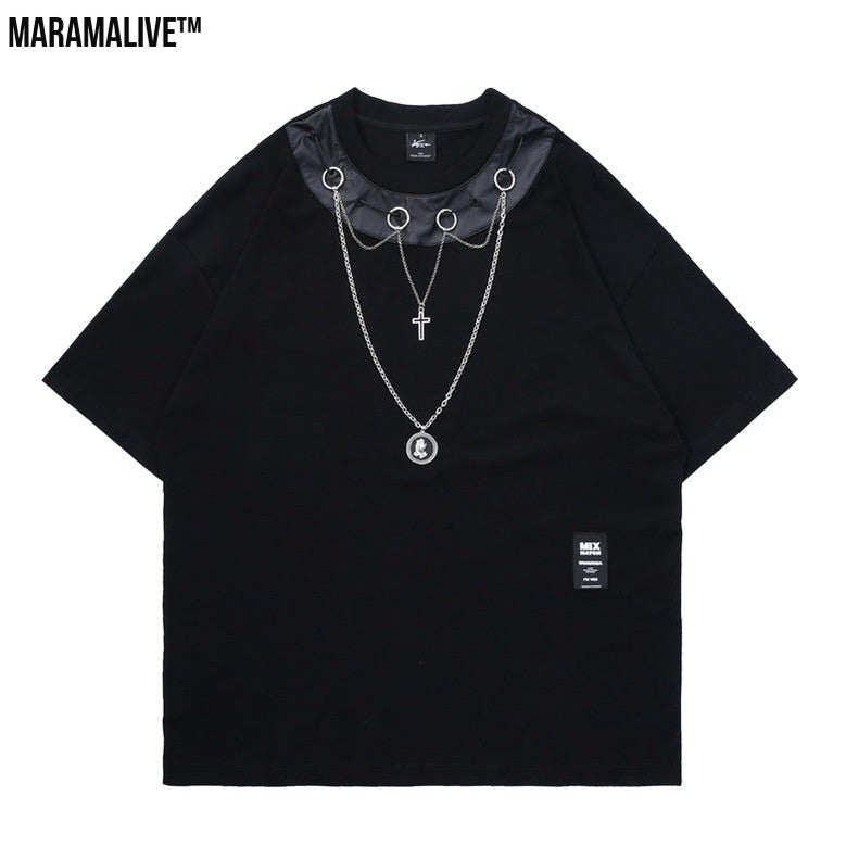 Jet-Black Jewel: Summer Men's New Gothic Style Dark Black Short Sleeve