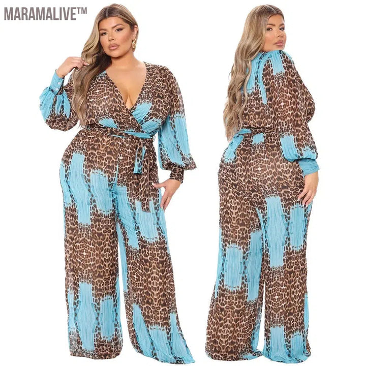 Jumpsuit Plus Size Clothing Fall Clothes for Women V Neck Leopard Print Wide Leg Elegant Fashion Outfit