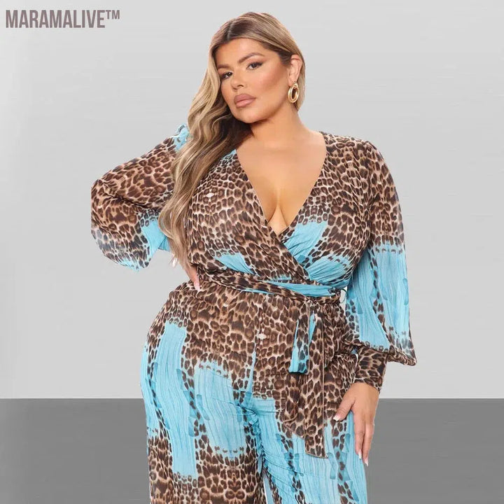 Jumpsuit Plus Size Clothing Fall Clothes for Women V Neck Leopard Print Wide Leg Elegant Fashion Outfit