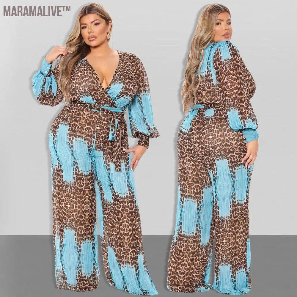 Jumpsuit Plus Size Clothing Fall Clothes for Women V Neck Leopard Print Wide Leg Elegant Fashion Outfit