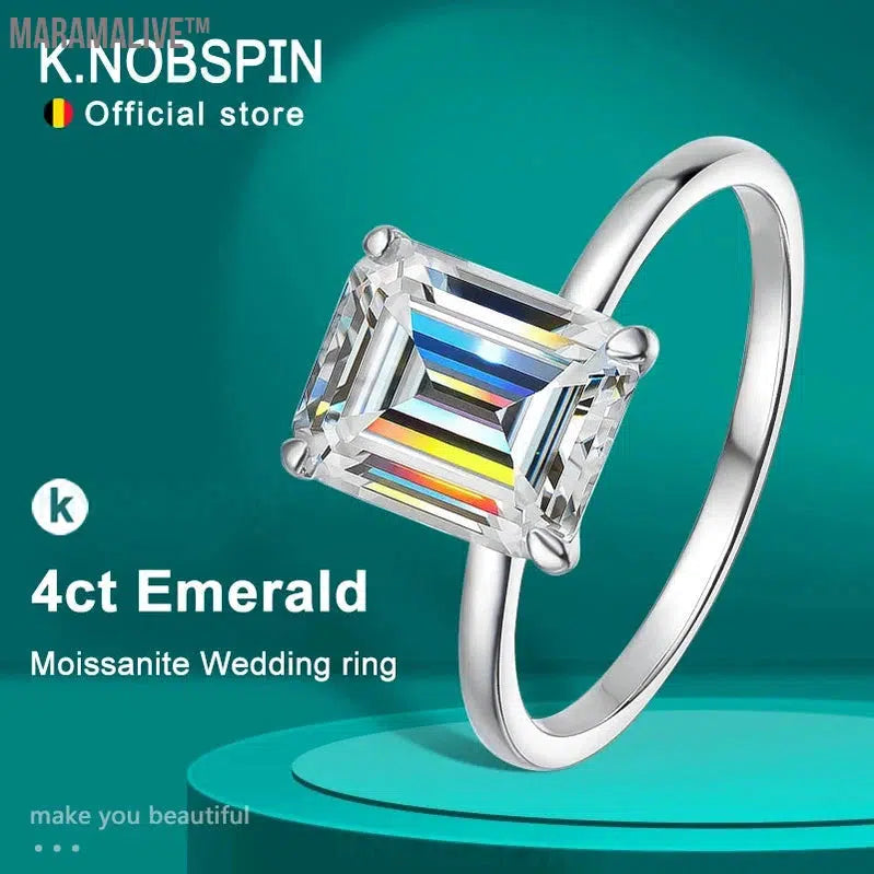 KNOBSPIN 4ct Emerald Moissanite Ring s925 Sterling Sliver Plated 18k White Gold Wedding Band Engagement Rings For Women