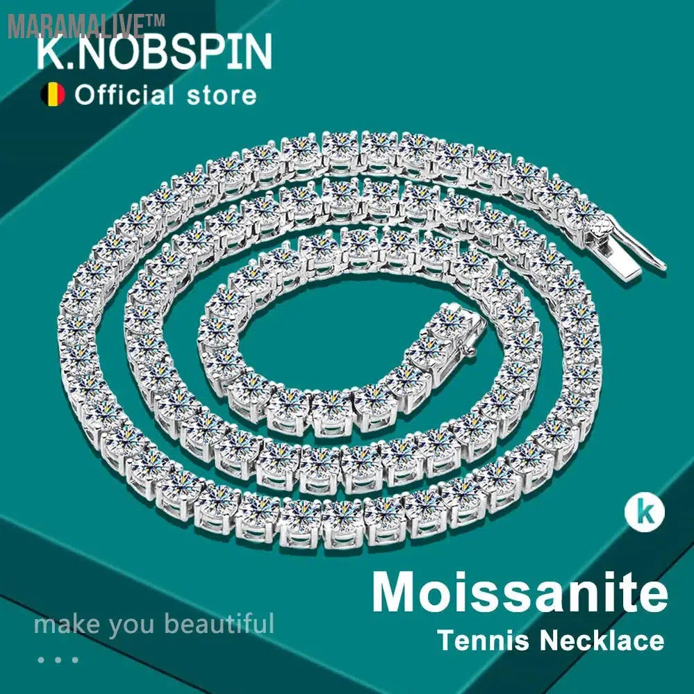 KNOBSPIN D Color Moissanite Tennis Necklace 925 Sterling Sliver Plated 18k Gold Necklace for Woman Man Hiphop Party Jewelry