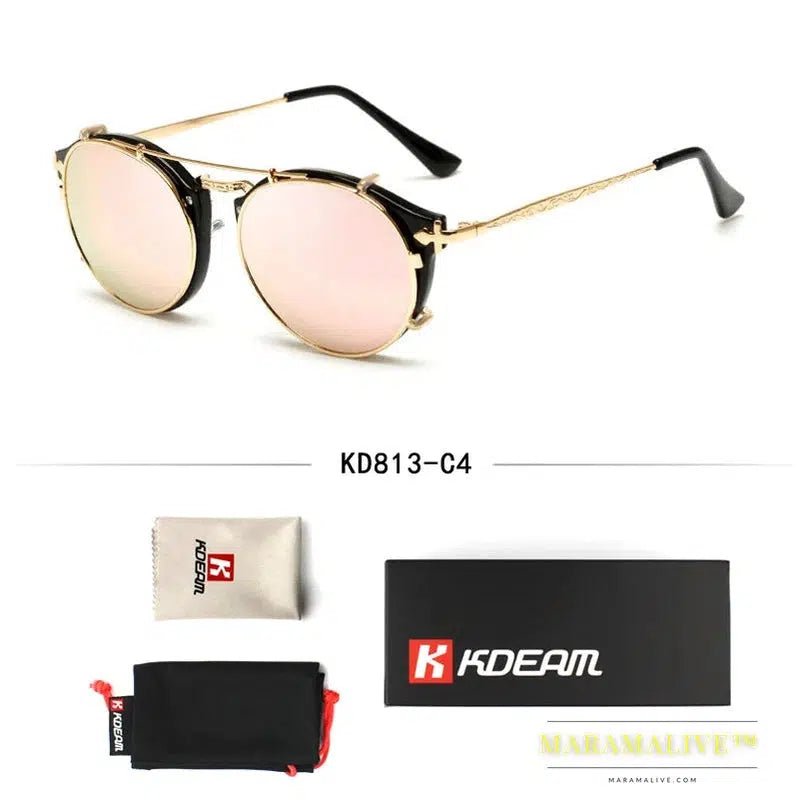 Kdeam Happy Clip On Sunglasses Men Removable Round Glasses Steampunk Women Carve Design Sunglass With Brand Box