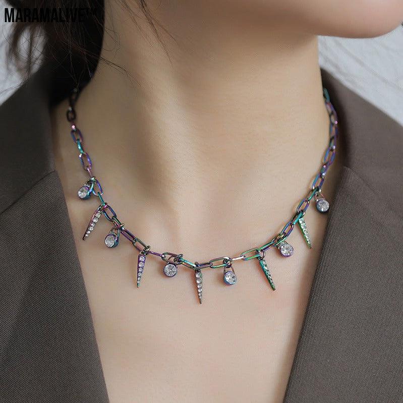 Ken Color Metal Digital Punk Rhinestone SPIKE Rivet Pendant Necklace