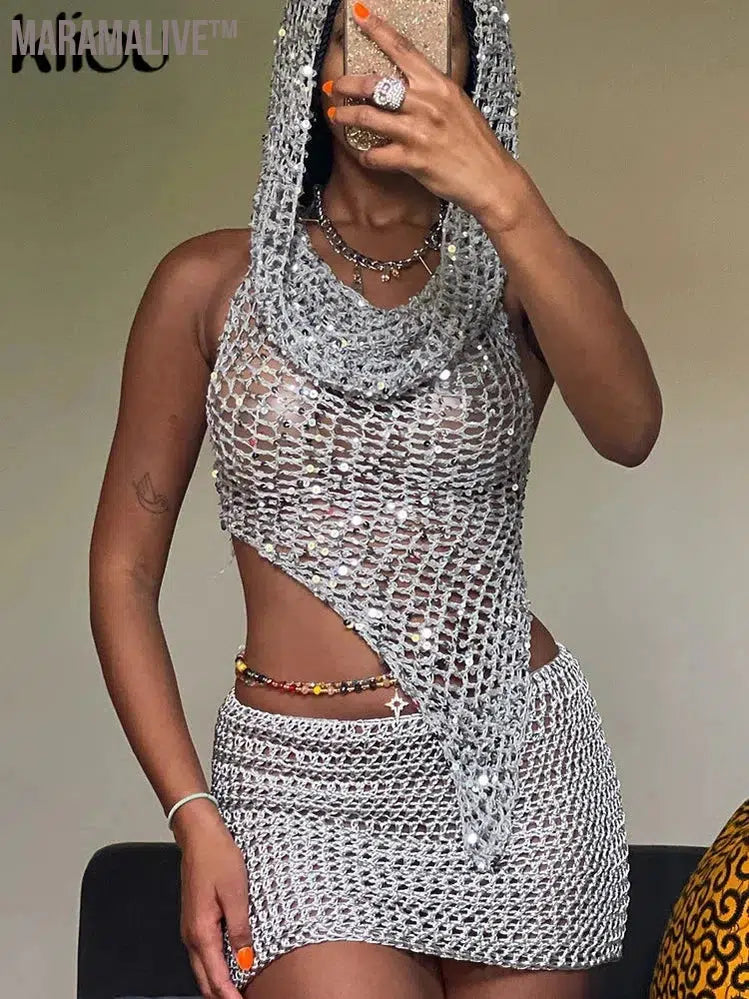 Kliou Woven Hooded Solid Two Piece Set Bronzing Sleeveless Asymmetrical Bandage Backless Tops+Matching Hip Skirts Stunning Suits