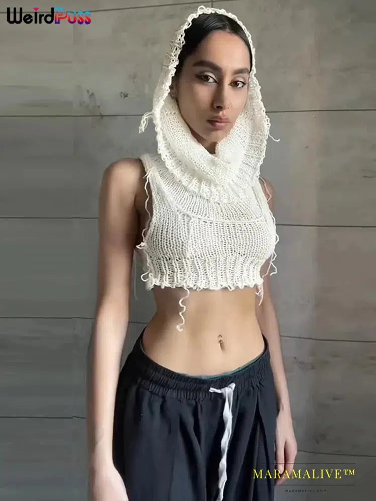 Knit Hooded Tank Top Y2K Women Solid Crochet Sleeveless Sexy Navel Camisole Stretch Skinny Street Hipster Wild Vest