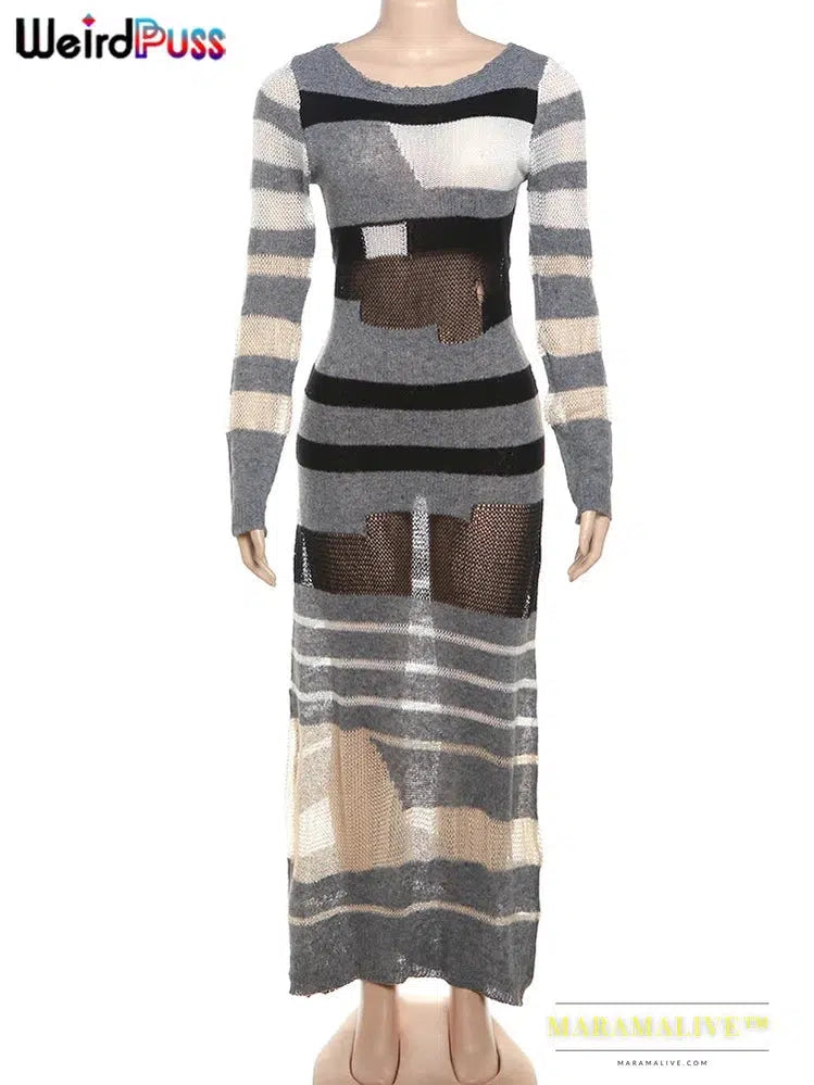 Knit See Through Dress Women Stripe Patchwork Long Sleeve o-Neck Maxi Bodycon Stretch Skinny Sexy Midnight Vestidos