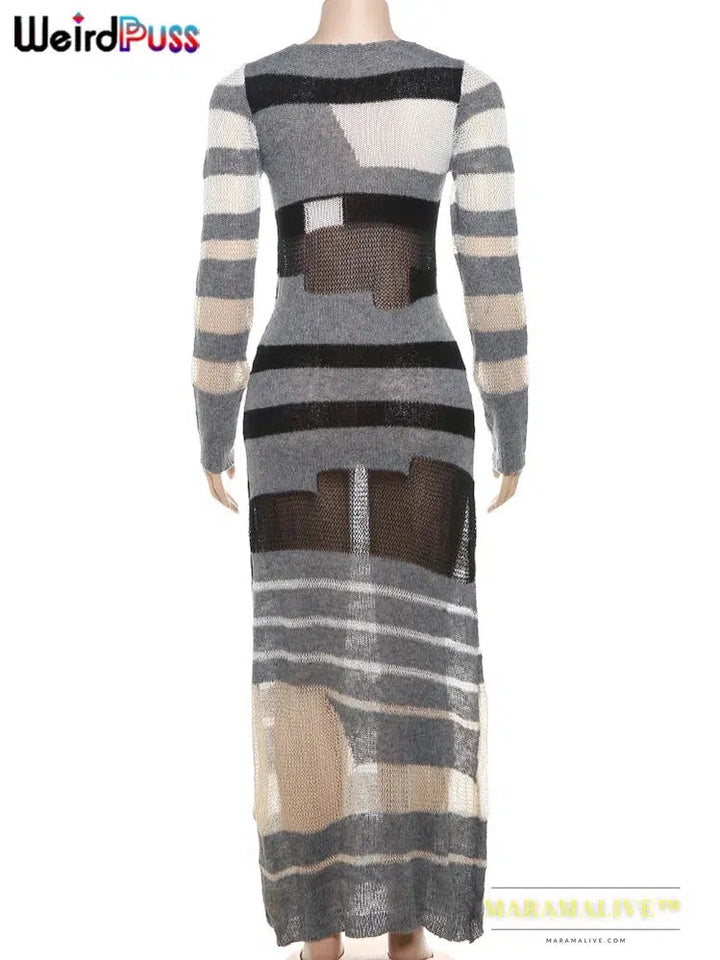 Knit See Through Dress Women Stripe Patchwork Long Sleeve o-Neck Maxi Bodycon Stretch Skinny Sexy Midnight Vestidos