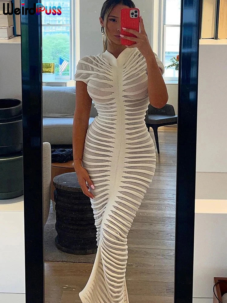 Knit Women Shorts Sleeve Dress Elegant Striped See Through Solid Skinny Elastic o-Neck Bodycon Vestidos Streetwear