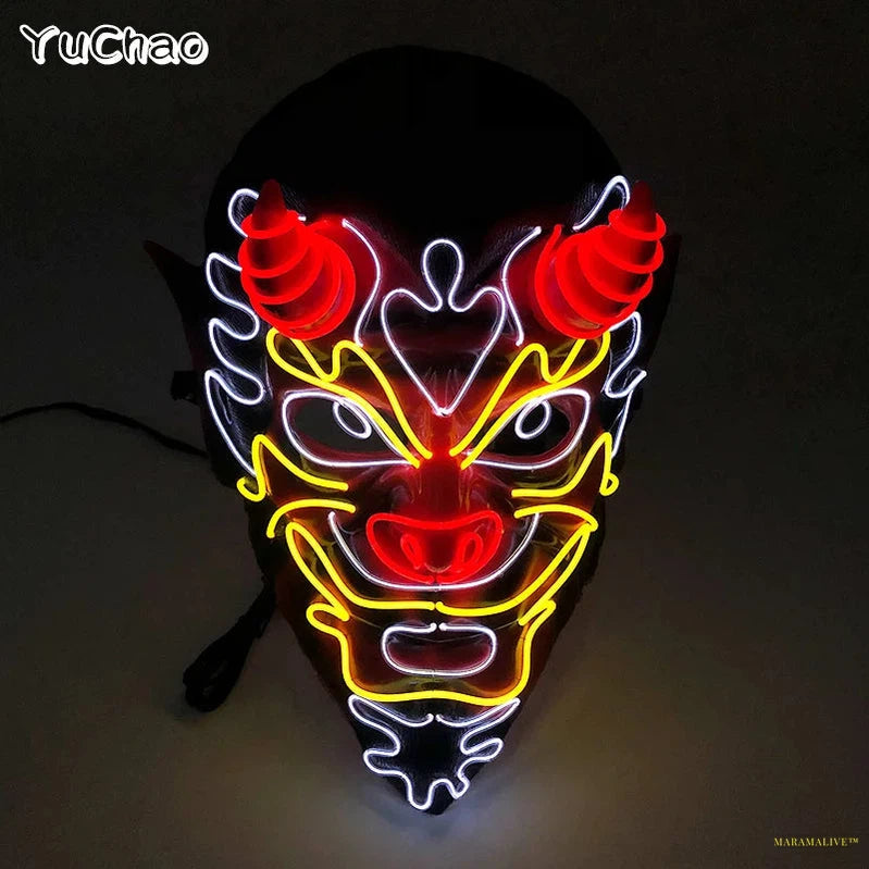 LED Neon Face Mask for Halloween Party, Bar, Rave Party, Ball Masquerade, Glowing Horror, Creepy Cosplay, Disco, Scary Theme