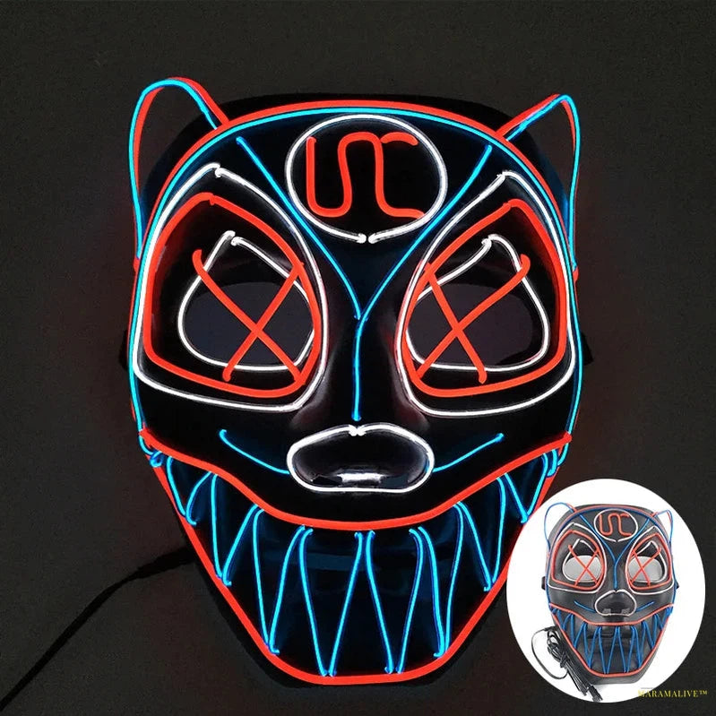 LED Neon Face Mask for Halloween Party, Bar, Rave Party, Ball Masquerade, Glowing Horror, Creepy Cosplay, Disco, Scary Theme