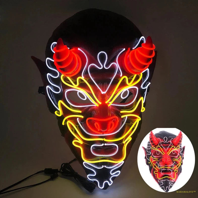 LED Neon Face Mask for Halloween Party, Bar, Rave Party, Ball Masquerade, Glowing Horror, Creepy Cosplay, Disco, Scary Theme