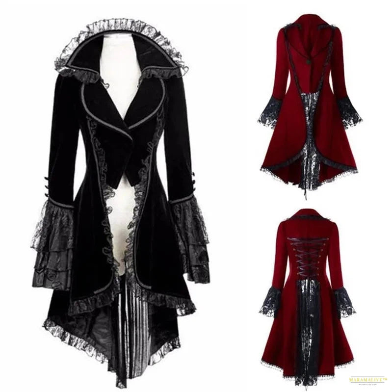 Lace Trim Lace-Up High Low Coat Women Black Steampunk Victorian Style Gothic Jacket Medieval Noble Court Dress Large Size 2908