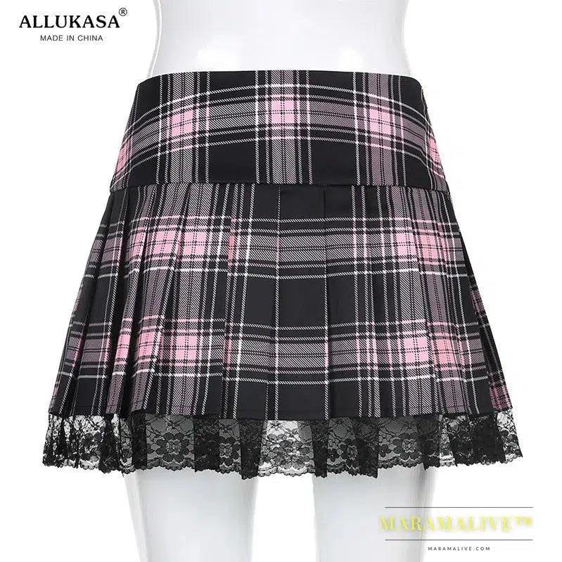 Lace Up Goth Y2K Woman Skirts Pink Stripe Plaid Lace Trim Pleated School Skirt Punk Dark Academia Aesthetic E Girl Clothes