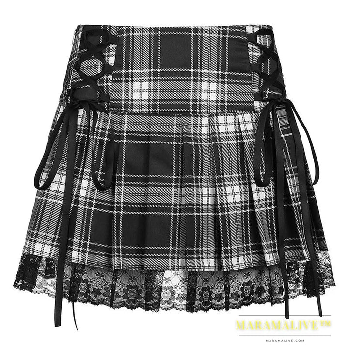 Lace Up Goth Y2K Woman Skirts Pink Stripe Plaid Lace Trim Pleated School Skirt Punk Dark Academia Aesthetic E Girl Clothes