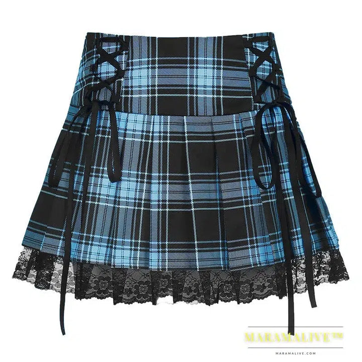 Lace Up Goth Y2K Woman Skirts Pink Stripe Plaid Lace Trim Pleated School Skirt Punk Dark Academia Aesthetic E Girl Clothes