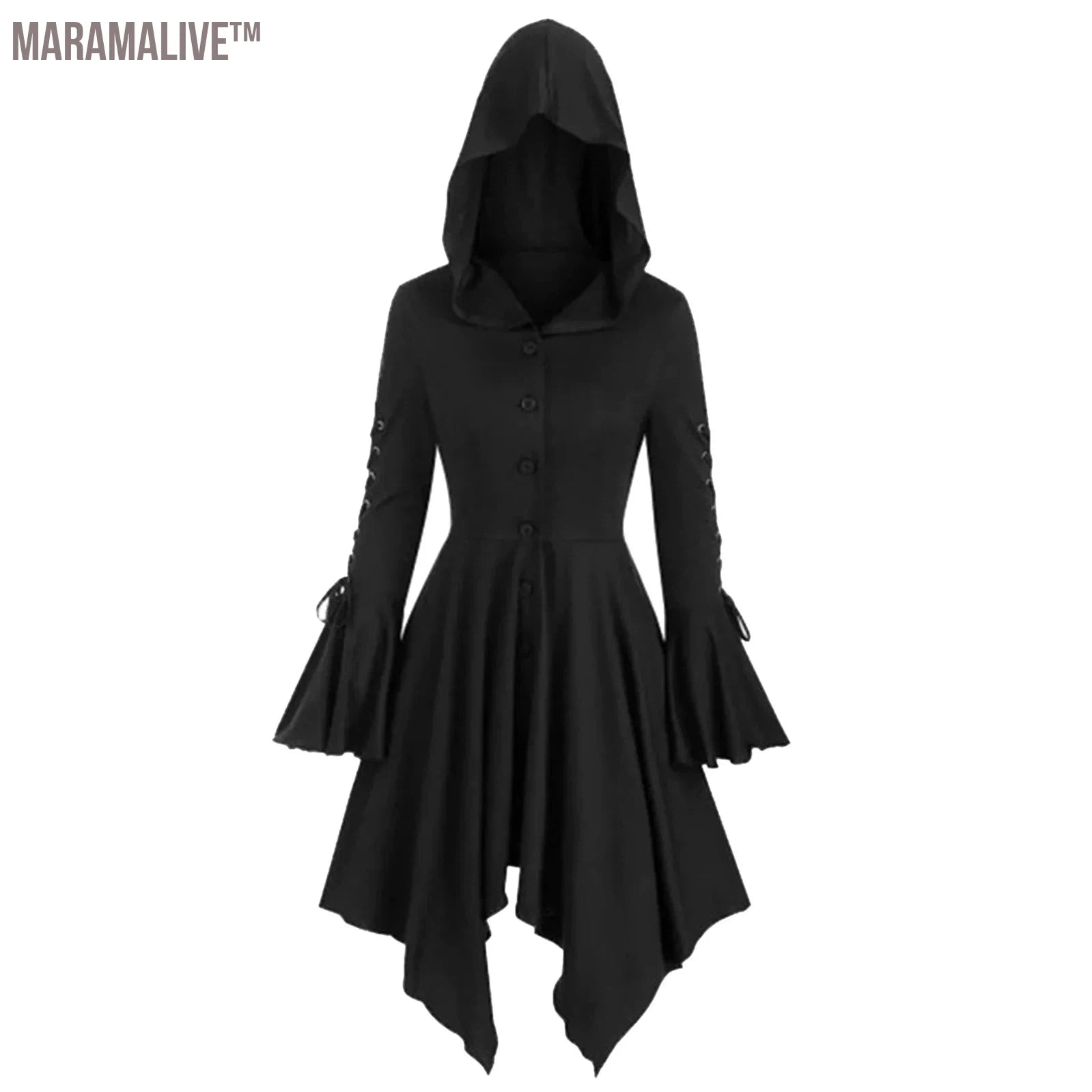 Ladies Medieval Gothic Hooded Cape Coat Irregular Hem Lotus Sleeves Punk Dress Renaissance Gown Party Cosplay Robe Winter Jacket