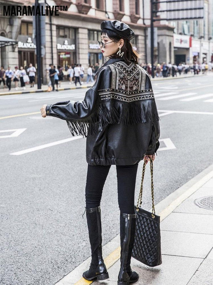 Ladies biker jacket leather- Embroidered, Tassels and Rivets