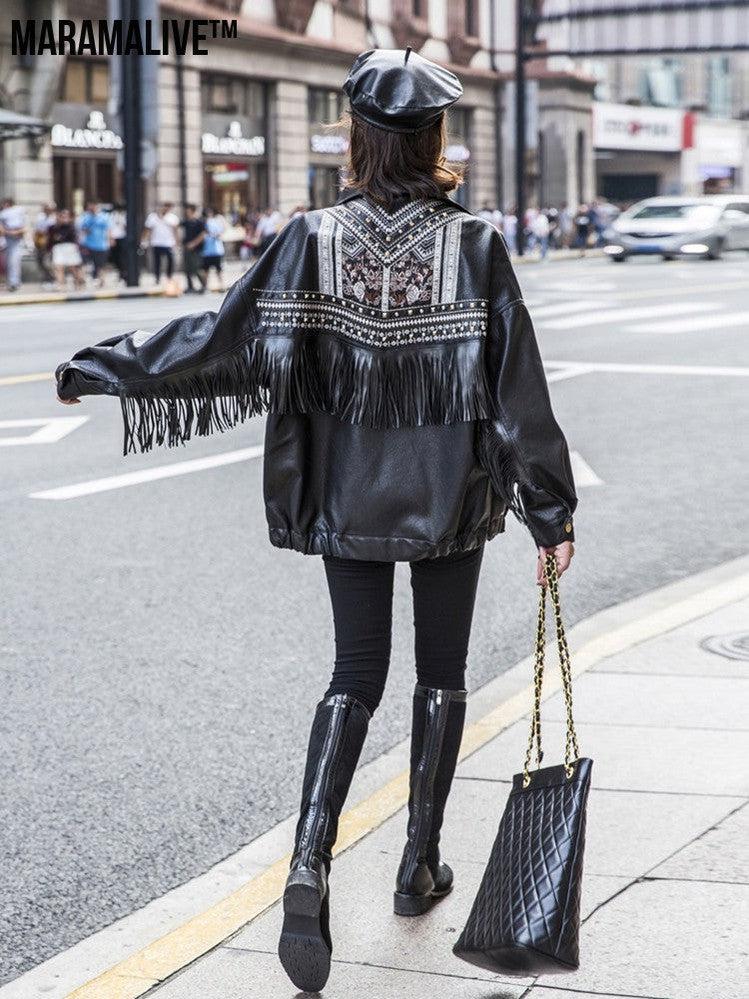 Ladies biker jacket leather- Embroidered, Tassels and Rivets