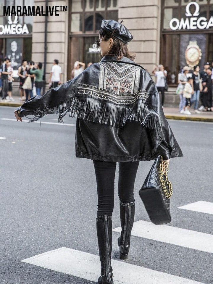 Ladies biker jacket leather- Embroidered, Tassels and Rivets