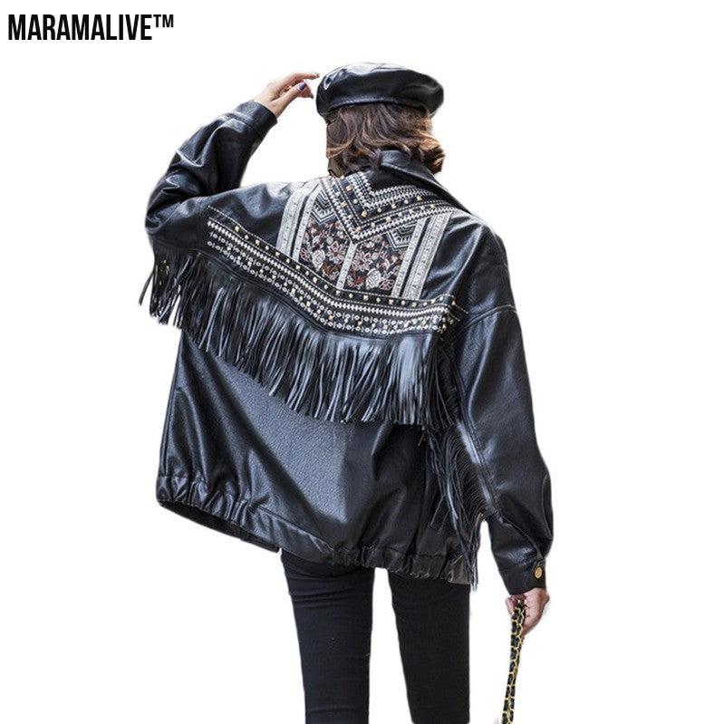 Ladies biker jacket leather- Embroidered, Tassels and Rivets