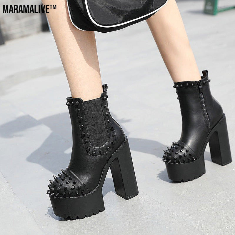 Ladies black platform rivet thick heel boots