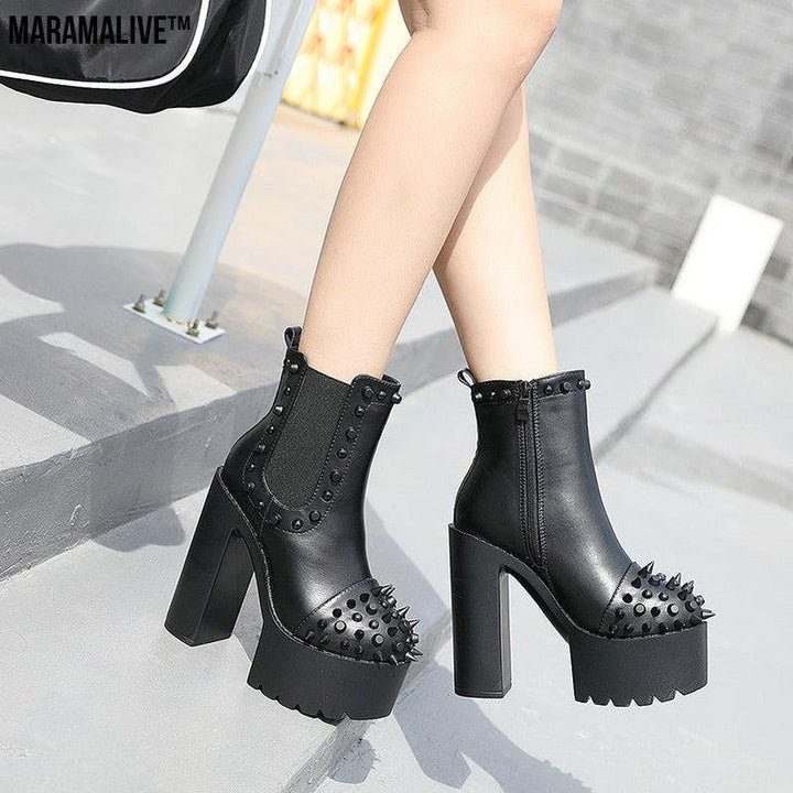 Ladies black platform rivet thick heel boots