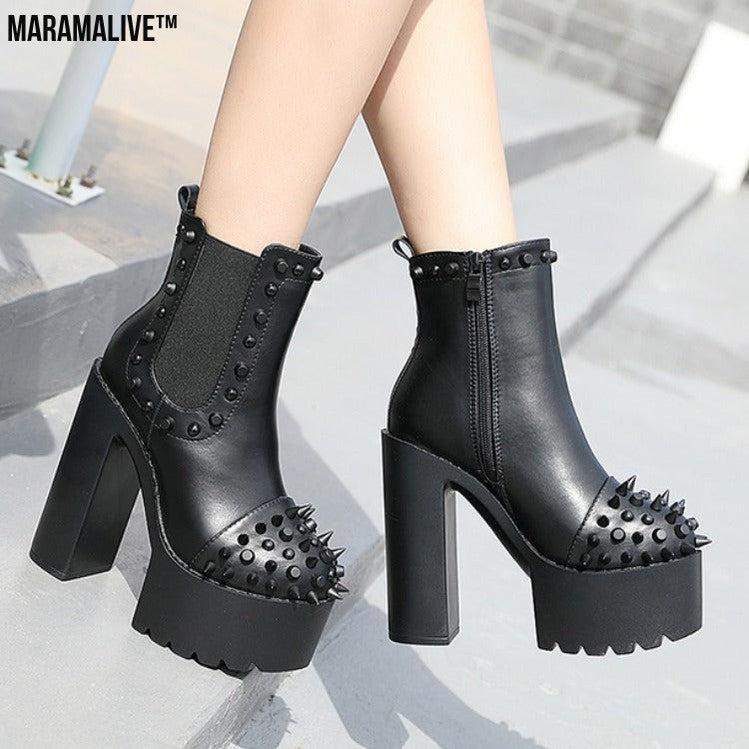 Ladies black platform rivet thick heel boots