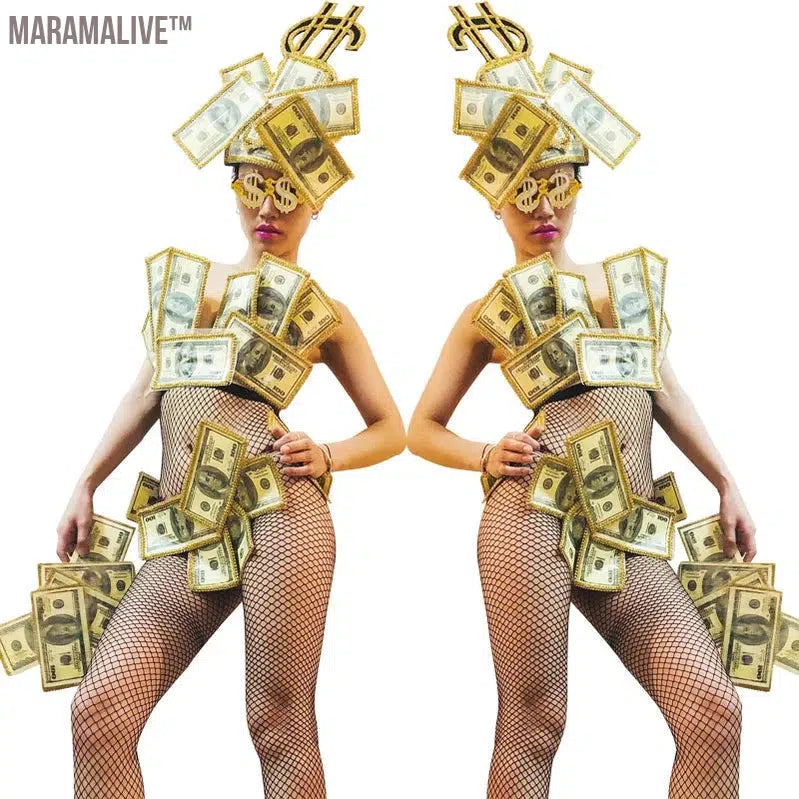 Lady Gaga Gala Rock Festival Club Drag Queen Dollar banknotes Sexy BodysuitCarnival Float Tour Rave Outfit Halloween Dance